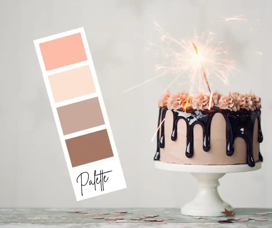 Una torta di compleanno e vicina una palette colori con il colore dell'anno Pantone 2025 Mocha Mousse
