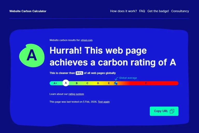 Risultato del test di impatto ambientale del sito web con valutazione A (84%)
