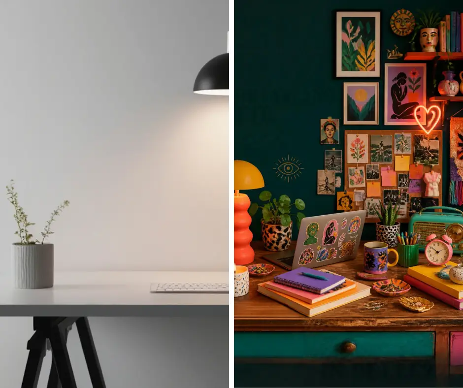 Minimalismo o massimalismo nel branding. Esempio di una scrivania minimale e di una massimalista